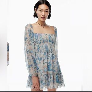 Aritzia Wilfred Tempest Smocked Chiffon Mini Dress Sz XS Paisley Sheer